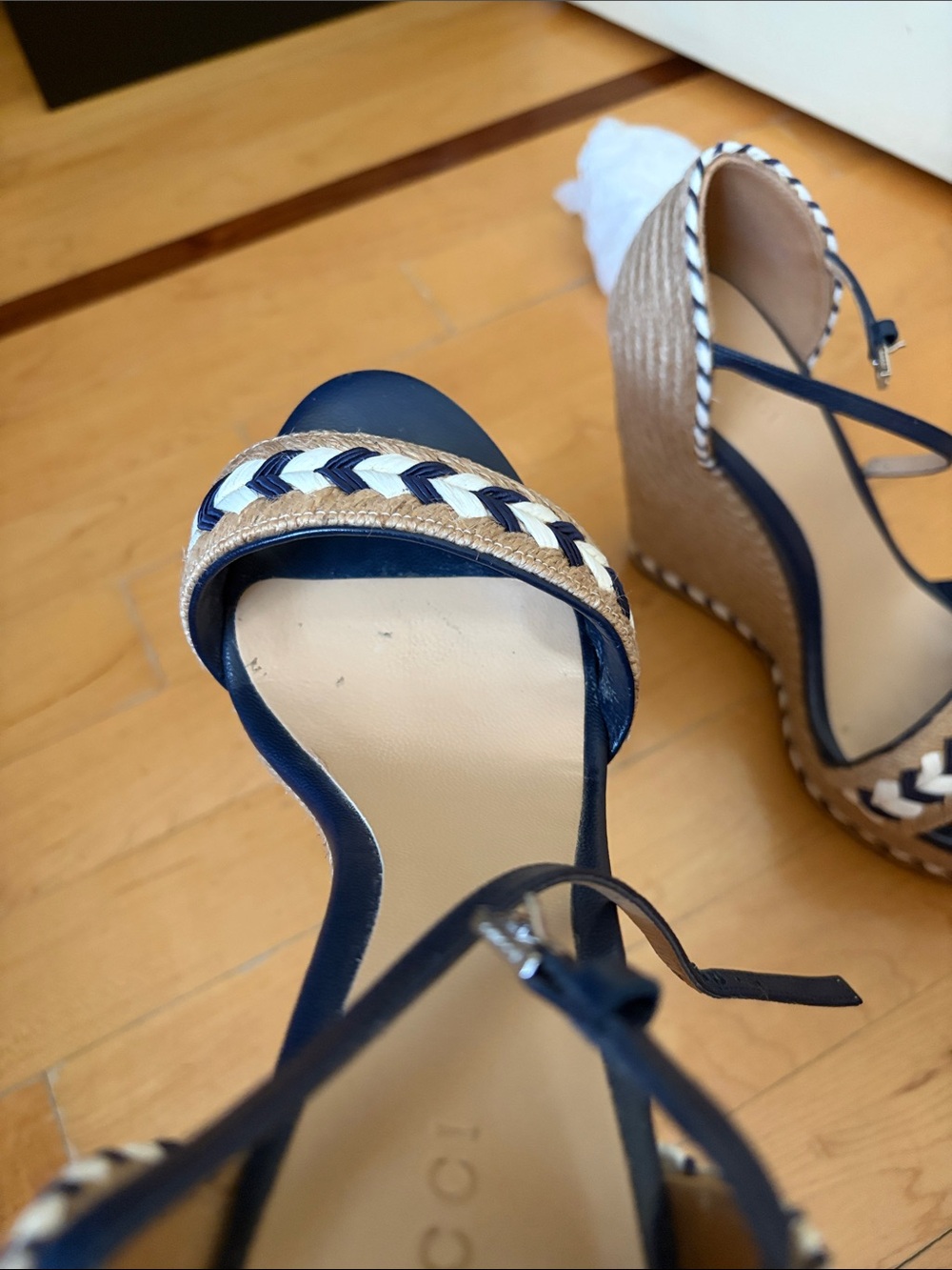 Gucci Navy and Tan Braided Espadrille Wedge Sandals - Picture 7 of 14
